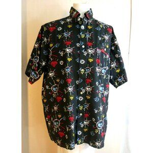 Revirth of a Victory Mens Black Button Front Shirt Skulls Jewels $$'s Print Med